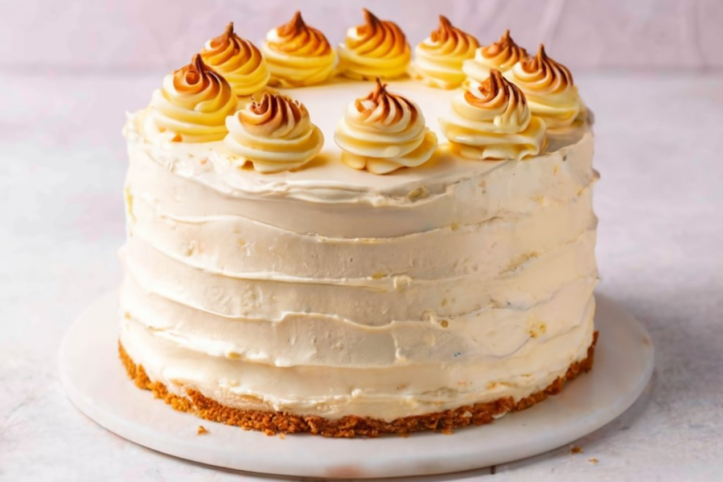 Elegant cake beautifully decorated, showcasing a smooth and creamy texture with a side dusting of custard powder