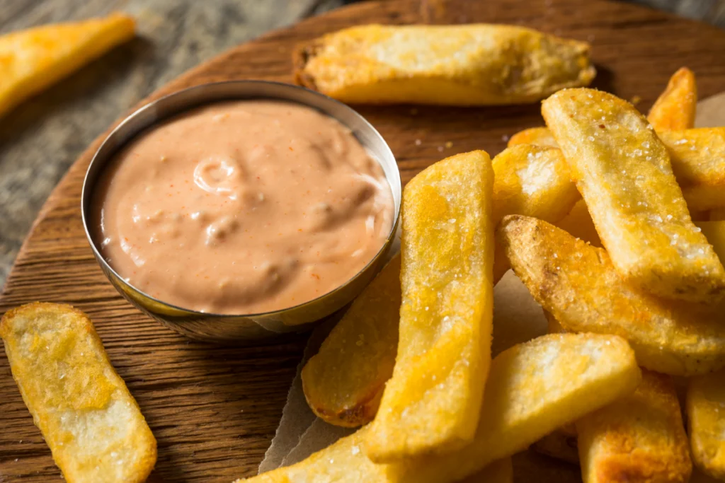 Delicious homemade Freddy's Fry Sauce in a bowl, surrounded by crispy golden fries, ready to be dipped and enjoyed.